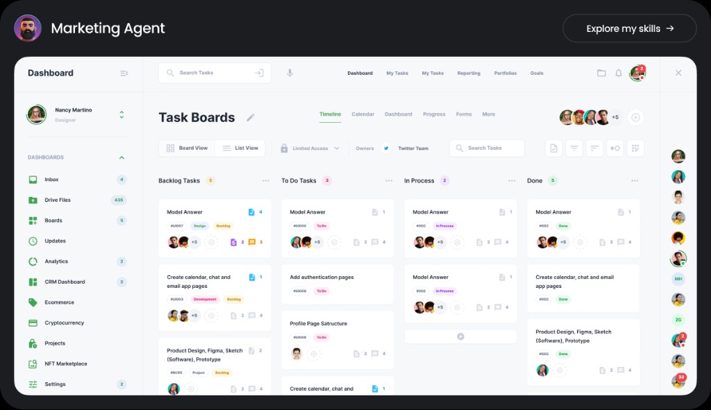 Enterprise dashboard system with task boards and project management